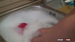 Horny blonde got her shirt soaked in sweat and cum, making it completely white